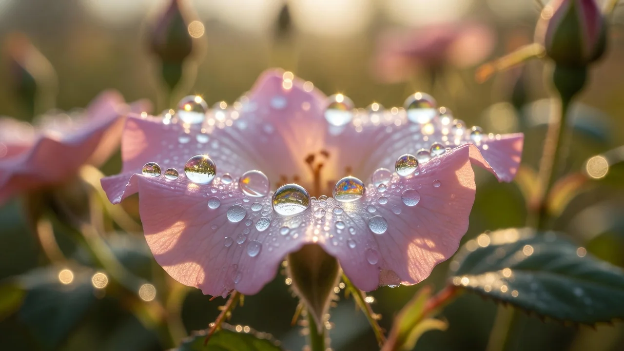 Gotas de orvalho em pétala de flor em contraluz