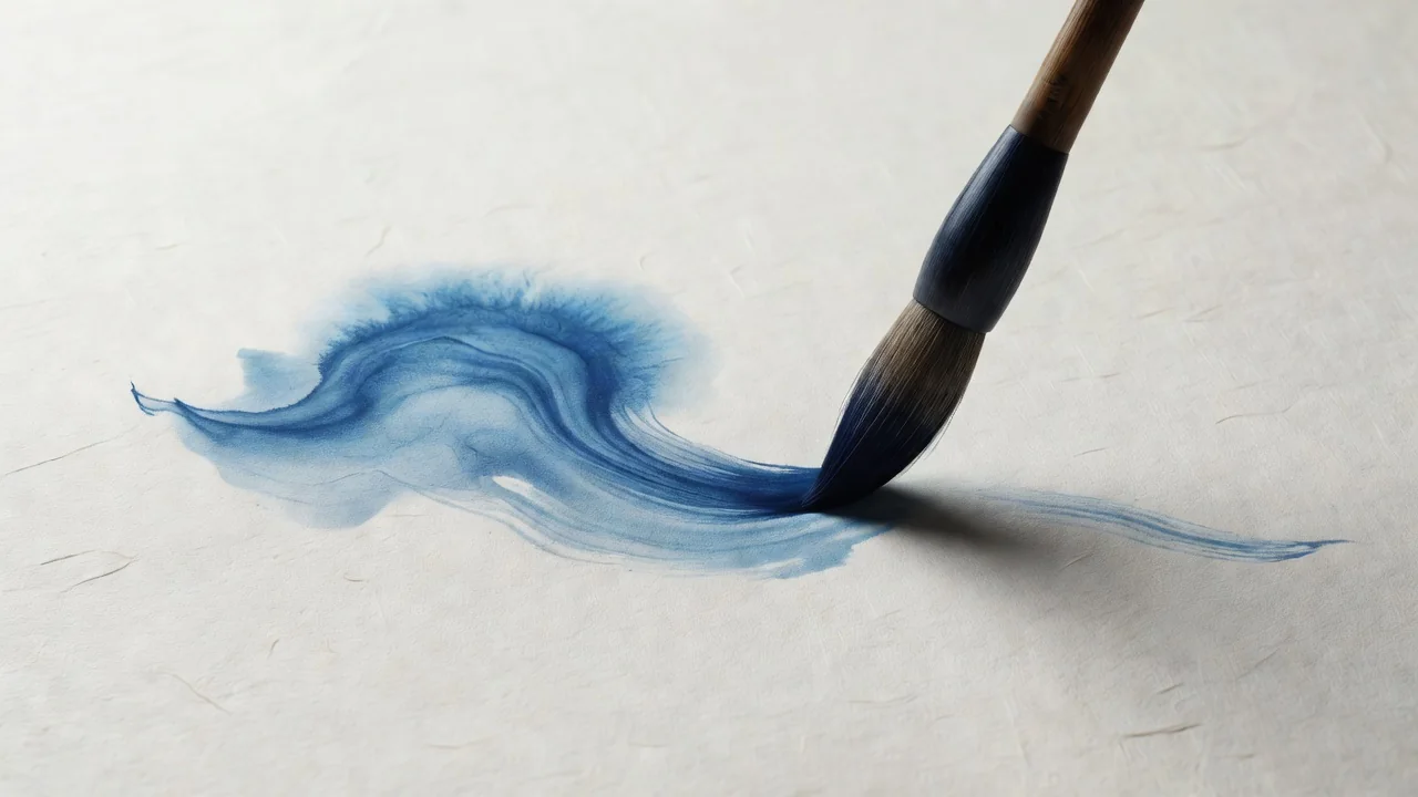 Pincel de tinta azul traçando linha fluida sobre papel de arroz